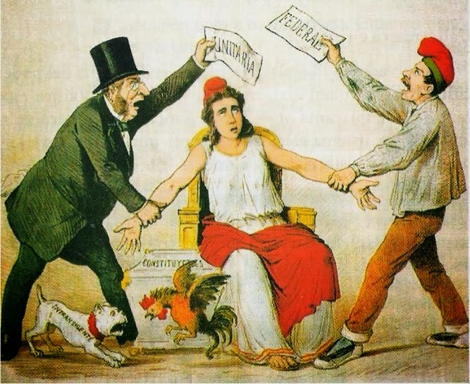 Viñeta sobre federales y unitarios. Portada del libro de Ignacio Zubizarreta.