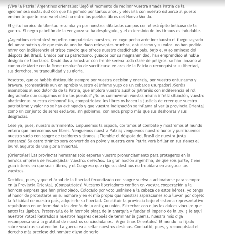 Proclama de Lavalleja Desembarco de los Treinta y Tres Orientales 1825